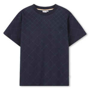 Granatowy t-shirt chłopięcy BOSS – bawełniana koszulka z geometrycznym wzorem J52976/849