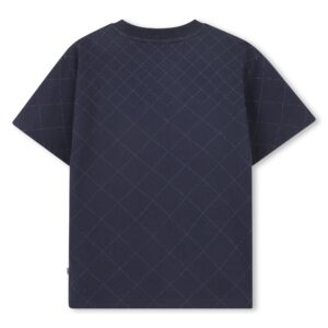 Granatowy t-shirt chłopięcy BOSS – bawełniana koszulka z geometrycznym wzorem J52976/849