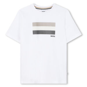 Biały t-shirt chłopięcy BOSS – bawełniana koszulka z minimalistycznym nadrukiem J52979/10P