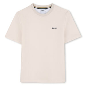 Beżowy t-shirt chłopięcy BOSS – bawełniana koszulka premium z minimalistycznym logo J52986/21C
