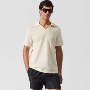 Karl Lagerfeld Jeans Męska Koszulka Polo z Ażurowej Dzianiny – Kremowa B2M46062