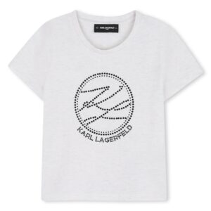 T-shirt dziewczęcy Karl Lagerfeld – biały T-shirt z logo KARL LAGERFELD i ozdobnymi kryształkami Z31159/M31