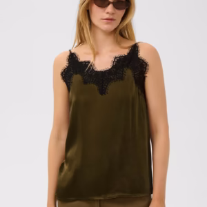 Top wiskozowy Soaked – satynowy top damski z koronką khaki 30409378/190618