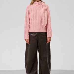 Różowy sweter damski Soaked z dodatkiem wełny i ozdobnym wiązaniem 30409449