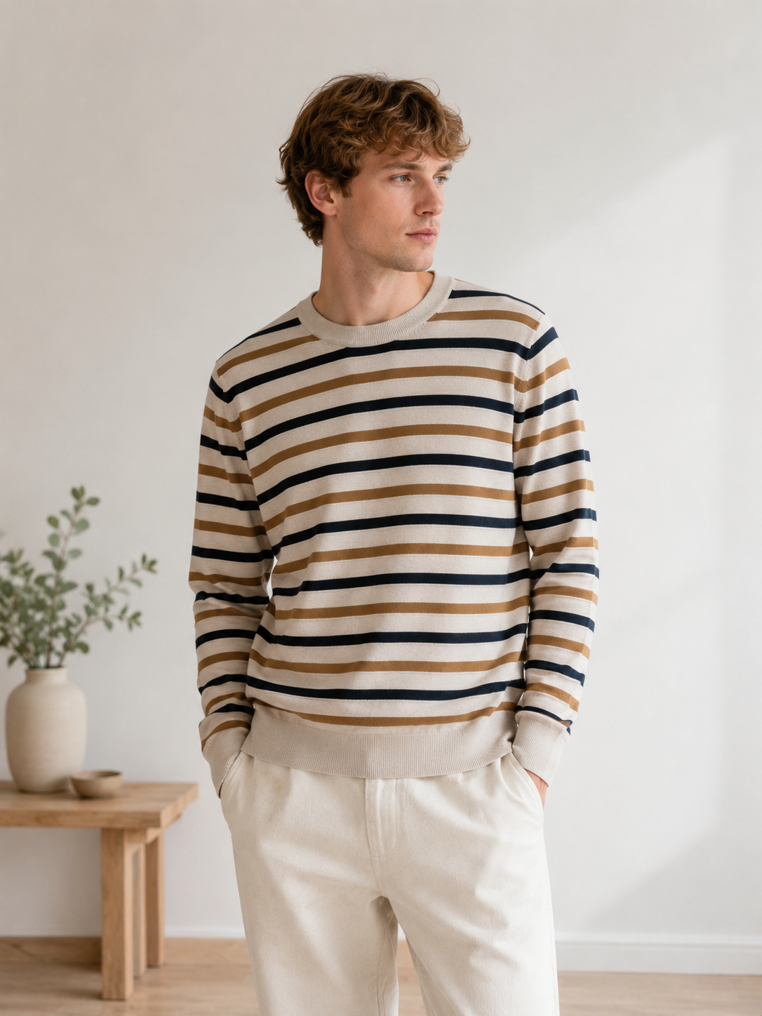 Sweter męski z wełną i jedwabiem MOS MOSH Gallery – elegancki model w paski 511430 - obrazek 2