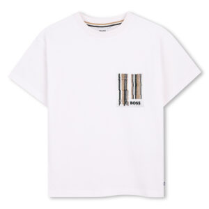 T-shirt bawełniany BOSS biały z ozdobną naszywką J52975/10P