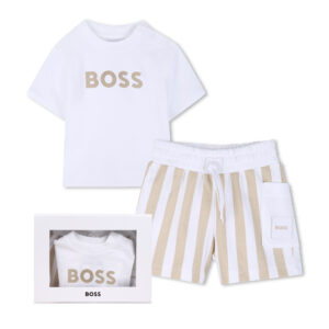 Zestaw niemowlęcy chłopięcy BOSS – T-shirt i spodenki w beżowe paski