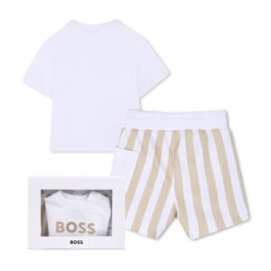 Zestaw niemowlęcy chłopięcy BOSS – T-shirt i spodenki w beżowe paski