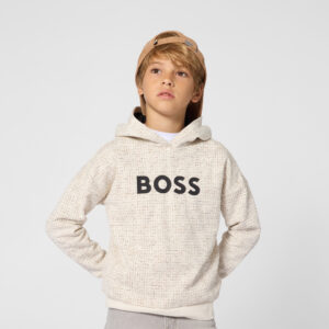 Beżowa bluza chłopięca BOSS z kapturem i dużym logo