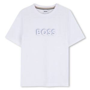 Bawełniany T-shirt chłopięcy BOSS z logo – biały