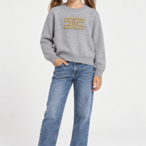 Sweterek dziewczęcy Elisabetta Franchi – elegancki szary sweter ze złotym logo