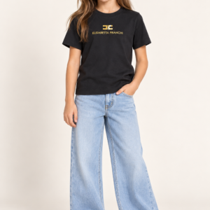 Koszulka bawełniana dziewczęca Elisabetta Franchi – czarny T-shirt ze złotym logo