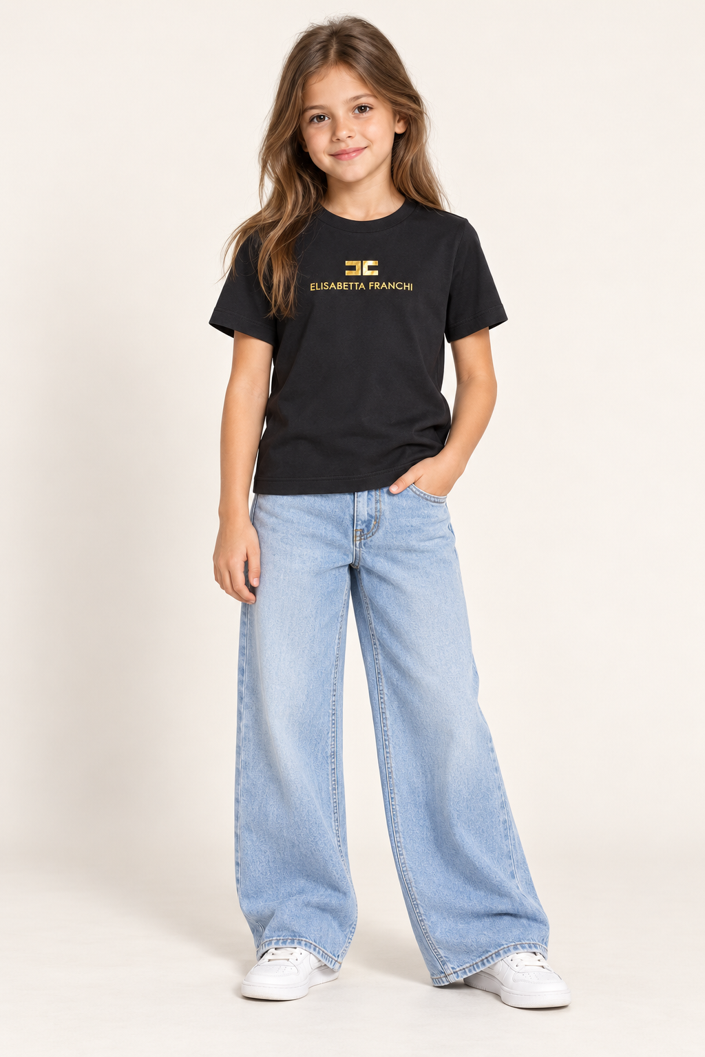 Koszulka bawełniana dziewczęca Elisabetta Franchi – czarny T-shirt ze złotym logo